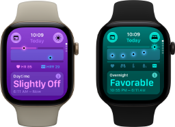 Two Apple Watch Series 12 devices: aluminium case, light gold colour, Daytime Vitals Slightly Off, Digital Crown, sand Sport Band, aluminium case, black colour, Overnight Vitals Favourable, Digital Crown, black Sport Band