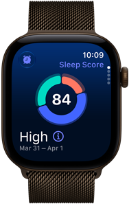 Apple Watch Series 12, aluminium case, dark bronze colour, sleep score circle graph, Digital Crown, Milanese Loop strap, dark bronze colour