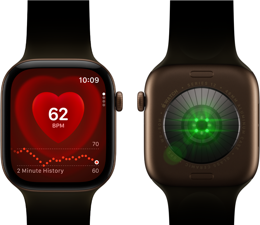 Two Apple Watch Series 12 devices, aluminium case, dark bronze colour with olive Sport Band, one showing the Heart Rate app, the other with the Health Sensing System on the back of the watch, with glowing green LED lights