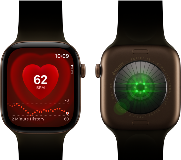 Two Apple Watch Series 12 devices, aluminium case, dark bronze colour with olive Sport Band, one showing the Heart Rate app, the other with the Health Sensing System on the back of the watch, with glowing green LED lights