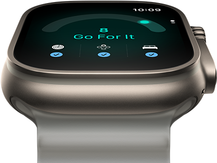 Apple Watch Ultra 4, titanium case, natural colour, readiness score of 8, right side exterior, Digital Crown, raised side button, Ocean Band, translucent grey colour