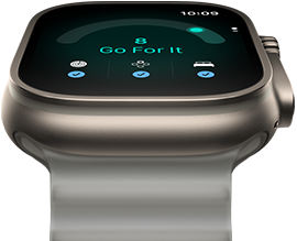 Apple Watch Ultra 4, titanium case, natural colour, readiness score of 8, right side exterior, Digital Crown, raised side button, Ocean Band, translucent grey colour