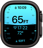 Apple Watch Ultra 4, titanium case, black colour, Depth app showing diving metrics, right side exterior, Digital Crown, raised side button